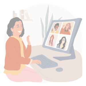Colourful illustration showing women in an online meeting