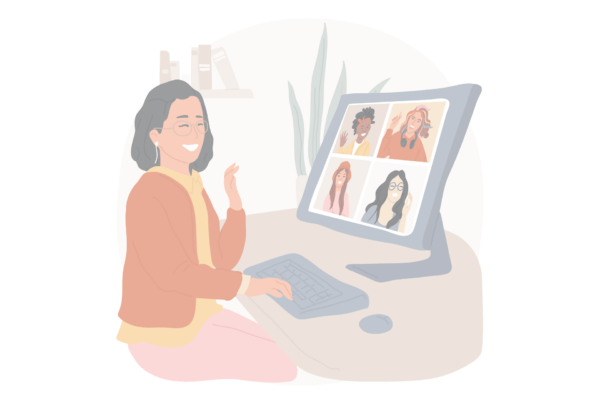 Colourful illustration showing women in an online meeting