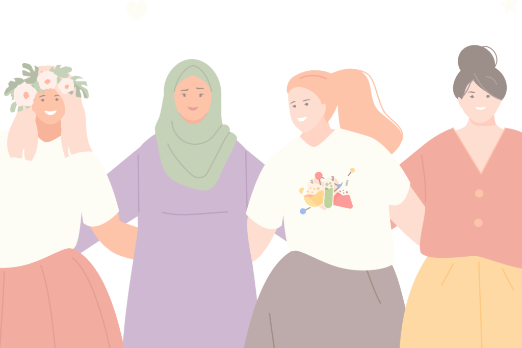 Colourful illustration of five women standing in a line in a celebratory pose