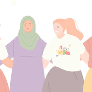 Colourful illustration of five women standing in a line in a celebratory pose